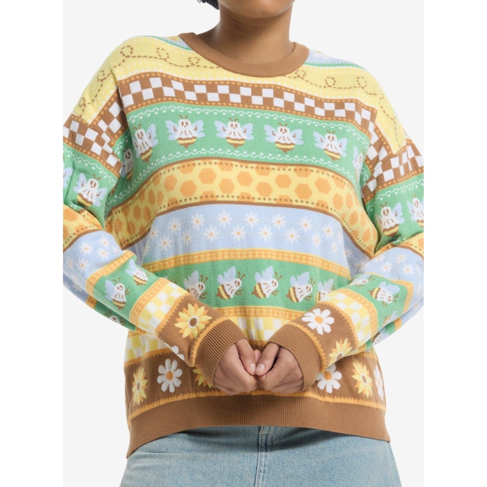 Thorn & Fable Womens Ghost Bee Sunflower Stripe Whimsigoth Sweater Size L